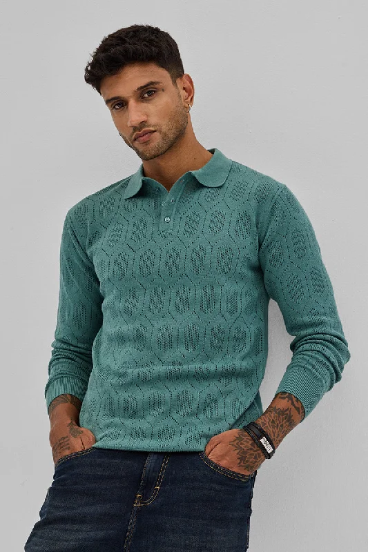 Teal Self-Design Polo T-Shirt