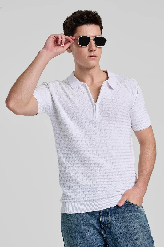 White Zipper Knitted Polo T-Shirt