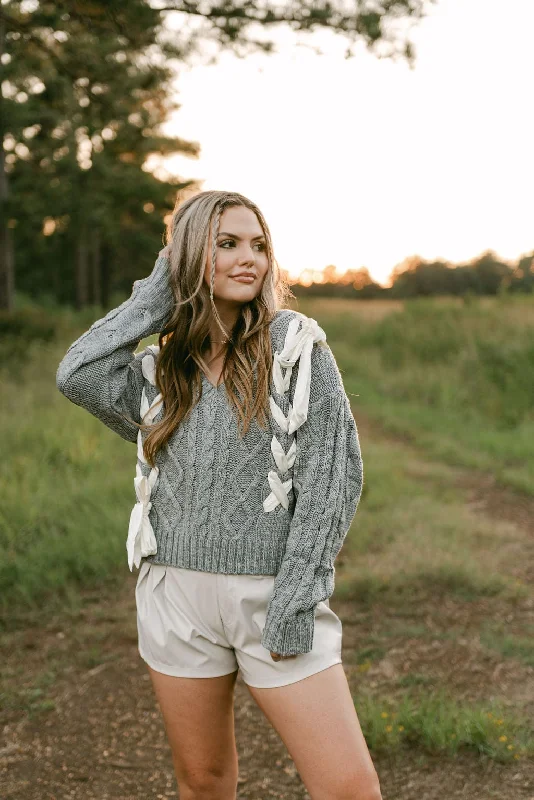 Grey Braided Bow V-Neck Sweater