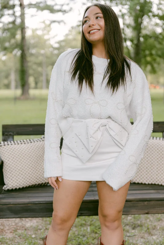 White Pearl Bow Sweater