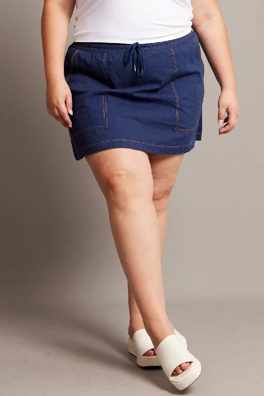 Blue Contrast Stitch Cotton Mini Skirt