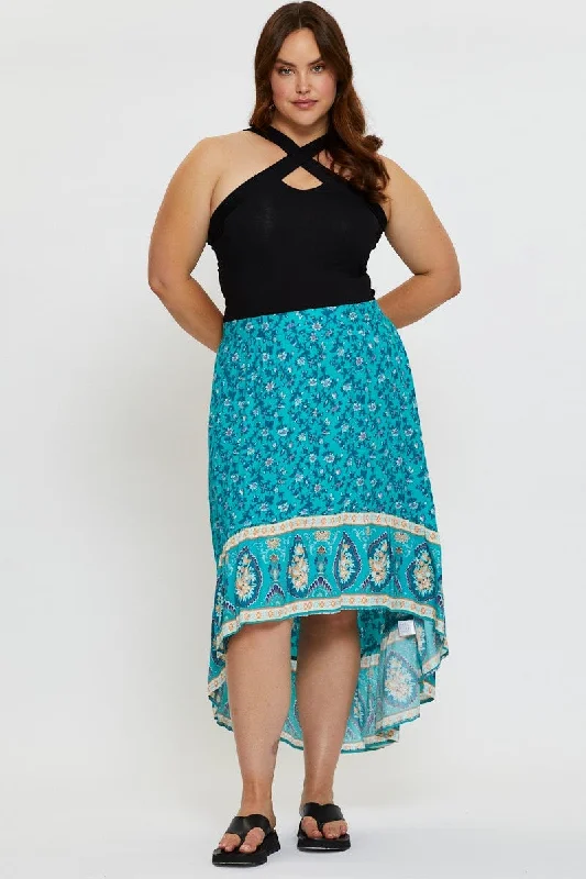 Boho Print Midi Skirt High-low