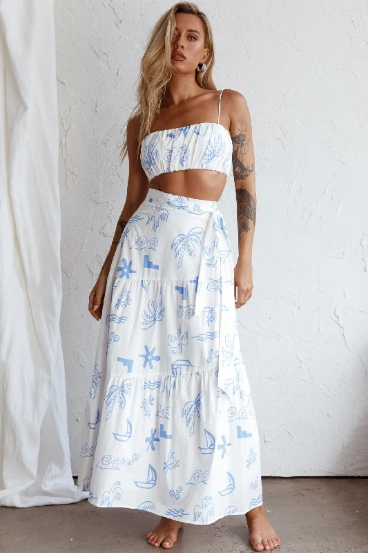 Bondi Waist Tie Maxi Skirt Printed White