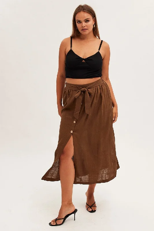 Brown Maxi Skirt Button Front Tie Waist