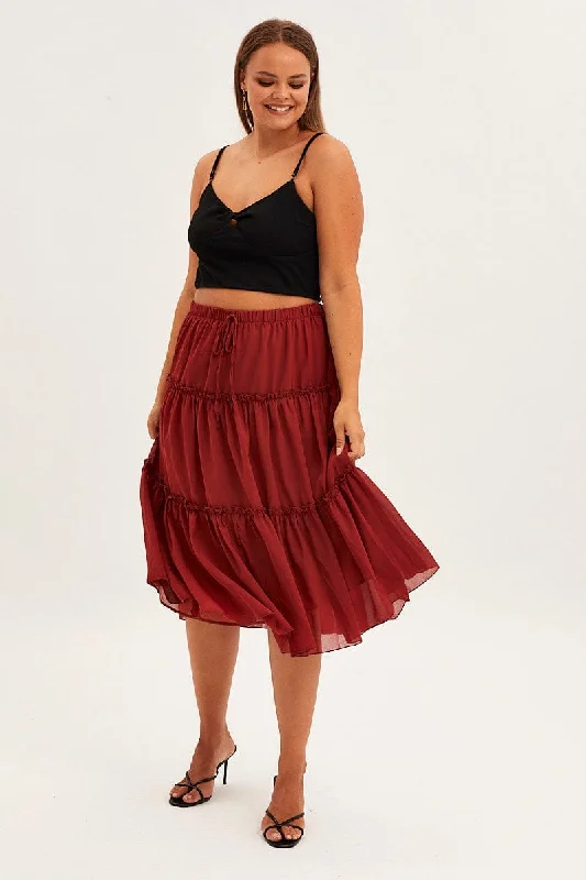 Brown Midi Skirt Elastic Waist Chiffon Frill