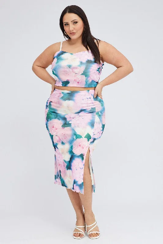 Multi Abstract Midi Skirt Bodycon Side Split