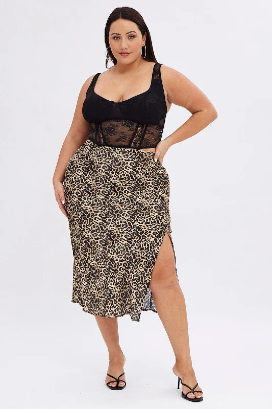 Multi Animal Print Satin Skirt Leopard Split Midi