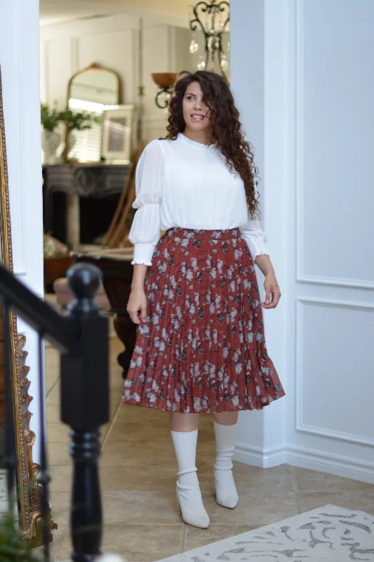 Tawny Rust Floral Pleated Skirt