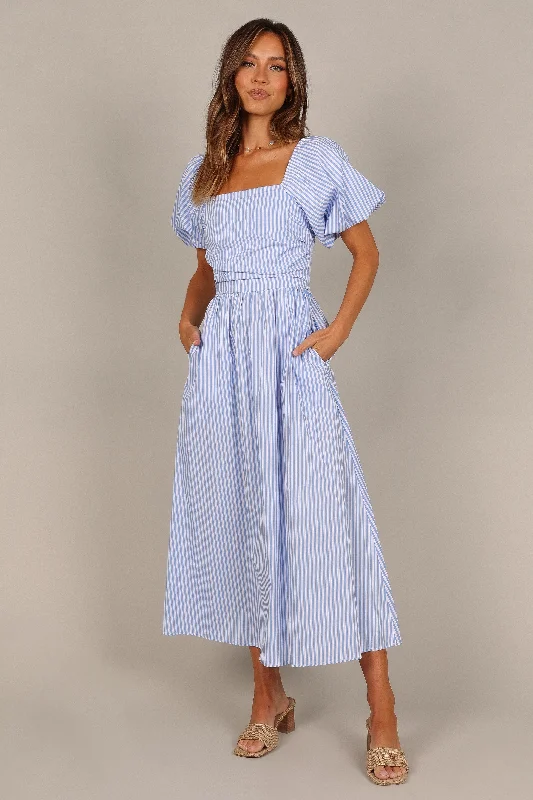 Clo Puff Sleeve Midi Dress - Blue Stripe