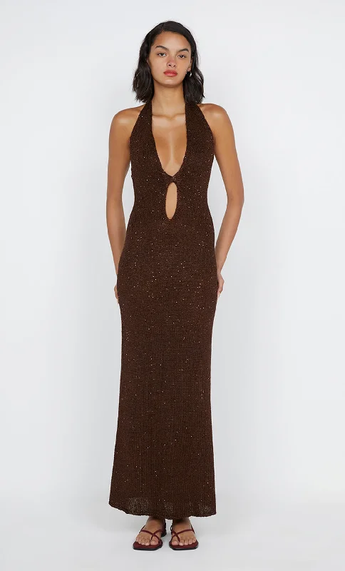 DELFINA HALTER MIDI DRESS - CHOCOLATE