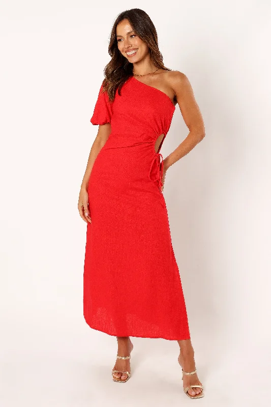 Kimmie One Shoulder Cut Out Midi Dress - Red