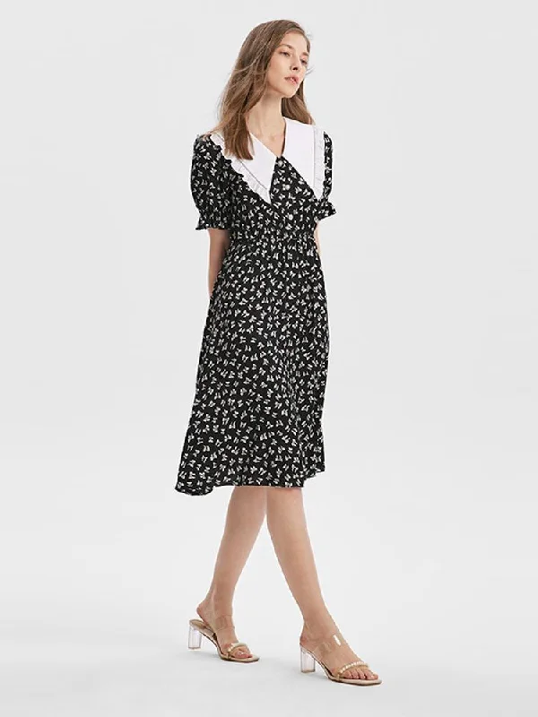 Bowknot Print Ruffle Midi Collared Dress