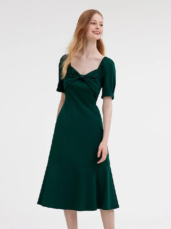 Dark Green Midi Dress With Bow