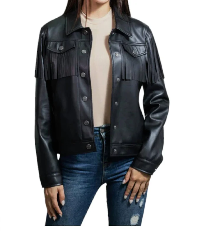 Faux Leather With Fringe Trucker Jacket In Black