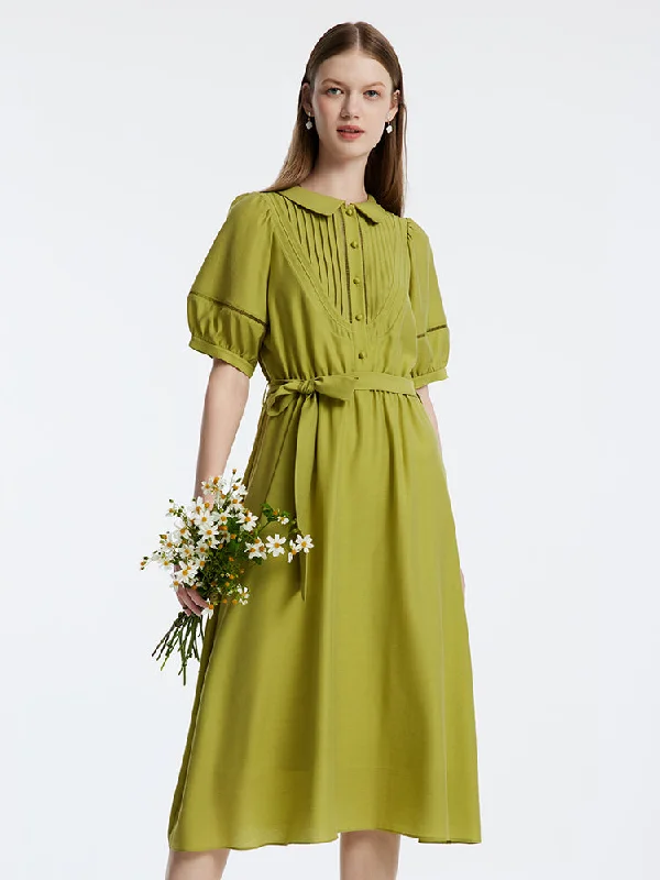 Green Acetate Gathered Waist Midi Dress