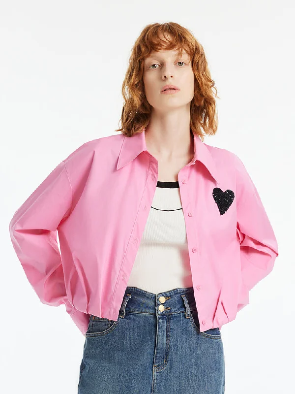 Heart-Shaped Sequins Women Crop Shirt With Pleated Hem