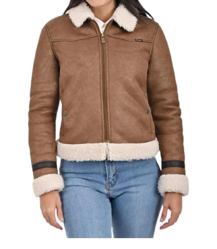 Ladies Coat With Sheepskin On Collar And Cuffs In Capuccino