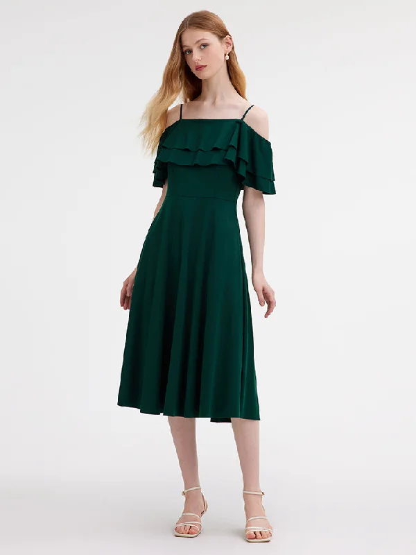 Off Shoulder Ruffle Trim Knitted Midi Dress