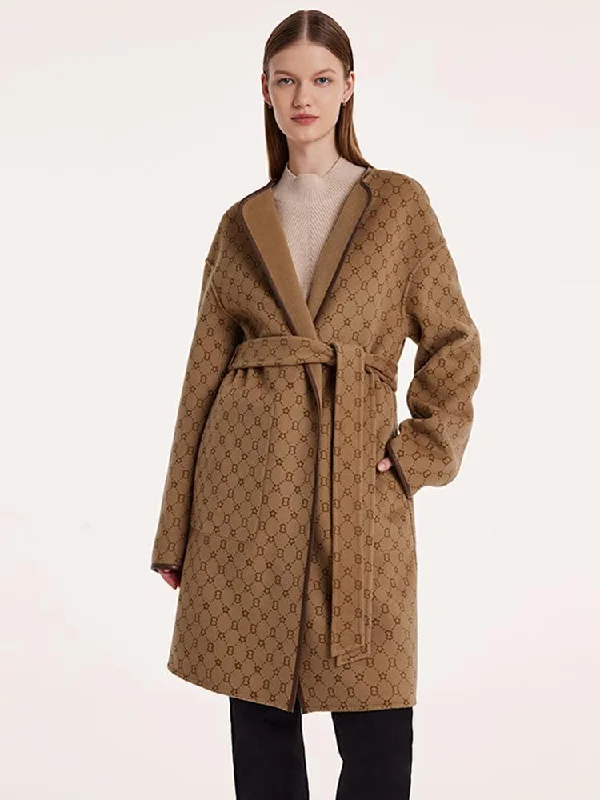 Pure Wool Reversible Printed Wrapped Coat With Belt