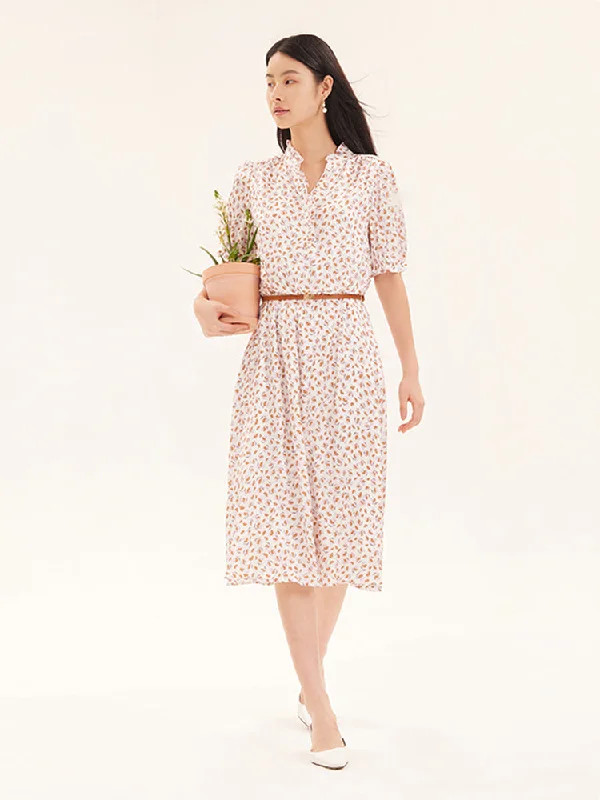 Ruffle Collar Print Gathered Waist Maxi Collared Dress