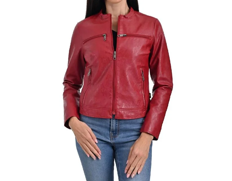 Synthetic Leather Racer Jacket In Red