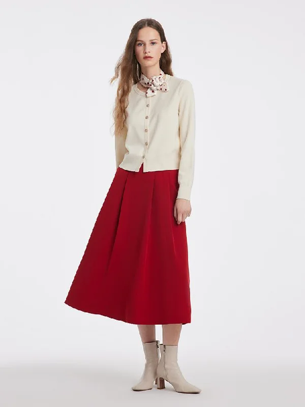 Tencel Wool Cardigan And A-Line Skirt With Polka Dot Scarf