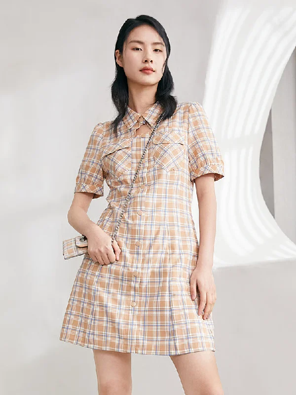 Gathered Waisted Plaid Mini Dress With Chain Bag