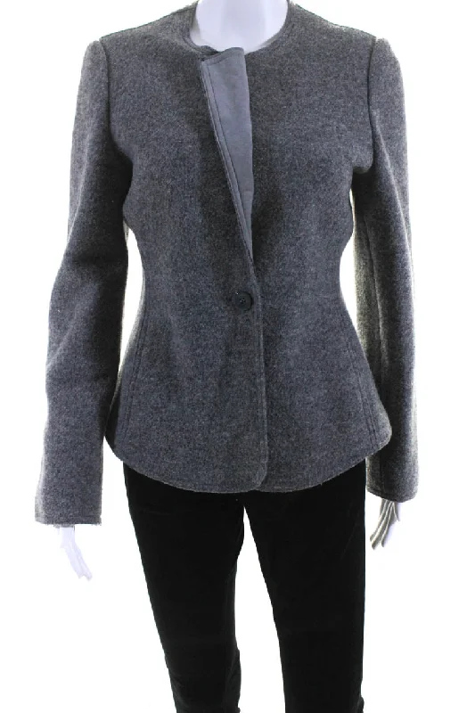 Armani Collezioni Womens Wool Round Neck Button Up Blazer Jacket Gray