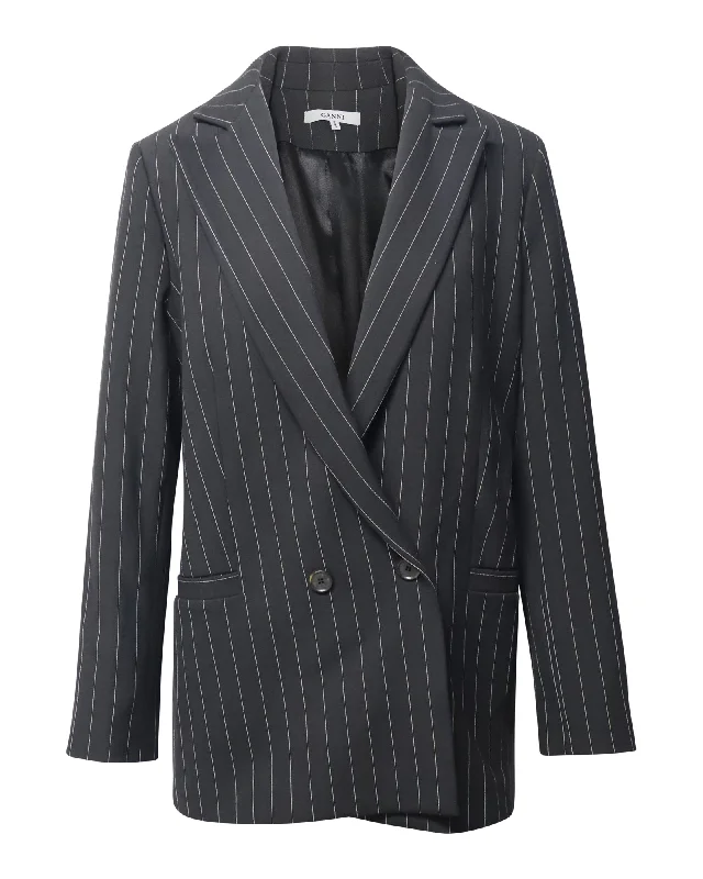 Ganni Striped Double-Breasted Blazer in Black Polyester