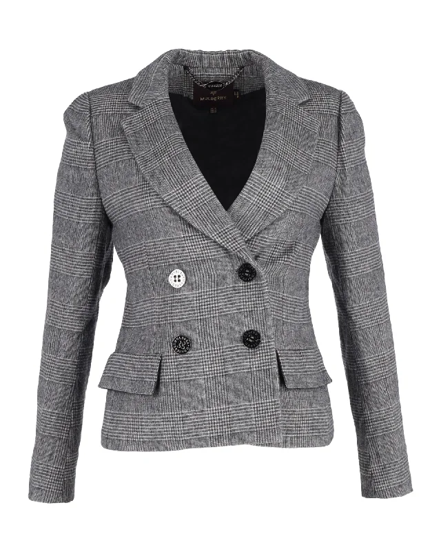 Mulberry Check Double-Breasted Blazer in Gray Wool